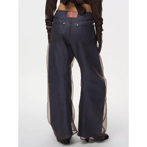 Vaqueros de Pierna Ancha Azul Oscuro con Corte Curvo y Estilo Largo, Personalizados, de <span class=keywords><strong>Doble</strong></span> Capa con Malla Marrón, Combinados con <span class=keywords><strong>Tela</strong></span> de Malla Ligera en el Exterior - Product Image 3