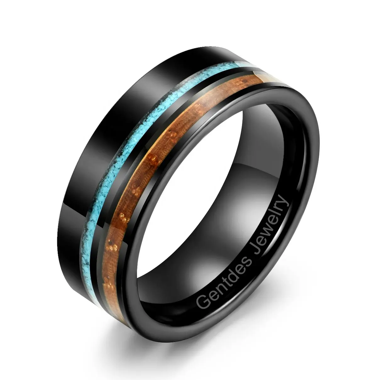 Gentdes Jewelry 8MM Black Flat Tungsten Rings Crushed Turquoise& Whiskey Barrel Wood Inlay Ring For Men Wedding Band