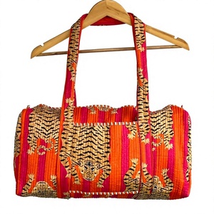 Bohemian Cotton Tiger Print Cotton Duffle Bag Quilted Panelled Design zipper open Top For Women Shopping All Seasons - Product Image 1