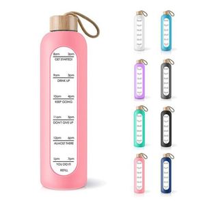 Botella de Agua Deportiva Personalizada con Tapa de Bambú Ecológica, Inspirada en el Signo Acuario, con Marcador de Tiempo para Beber - Product Image 1