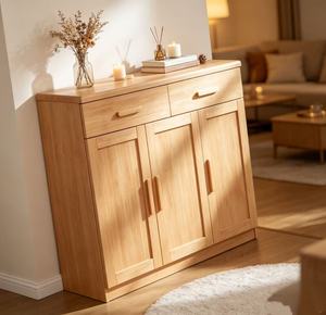 Armoire de rangement en bois moderne avec 2 tiroirs et 3 portes pour l'entrée, étagère à chaussures, meubles de salon, design scandinave - Product Image 5