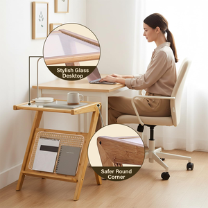 Mesa Consola de Ratán con Estante de Almacenamiento, Mesa de Centro de Bambú Tejido para Sala de Estar, Dormitorio, Mesita de Noche, Mesa Auxiliar con Tapa de Cristal - Product Image 2