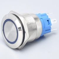 Sakelar Tombol Tekan Baja Tahan Karat 19Mm, Sakelar Tombol Tekan Logam Kunci Otomatis Tahan Air dengan Lampu LED Kuning Biru Putih