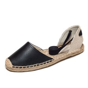 <span class=keywords><strong>Sandalias</strong></span> Planas <span class=keywords><strong>de</strong></span> Verano para Mujer, Estilo Elegante, <span class=keywords><strong>de</strong></span> Cuero Negro, con Cordones en el <span class=keywords><strong>Tobillo</strong></span> y Suela <span class=keywords><strong>de</strong></span> Yute Tejido - Product Image 4