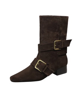Botas de tacón de bloque para mujer con hebilla, tacón medio grueso, de ante sintético, estilo moda a media pantorrilla - Product Image 5