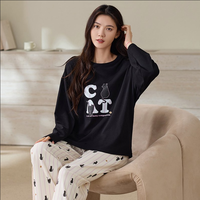 Ensemble de pyjamas pour femmes, doux et confortables, avec motif de chat, chemise à manches longues à col rond et pantalon imprimé, vêtements de nuit