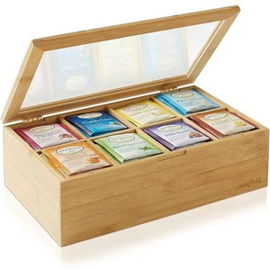 Bamboo <b>Tea</b> <b>Box</b> With Compartments Flip Top Desktop Organizer Natural Wood Color Rectangle Shape Covered Storage Case - Product Image 1