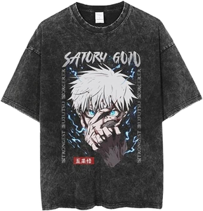 T-shirt Vintage <span class=keywords><strong>Anime</strong></span> Personalizzata da Uomo in Cotone, Stampa Digitale Unisex, Retro 3D Nera Oversize Effetto Lavato - Product Image 1