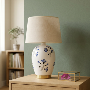 Ceramic Cream Floral Bird Table <b>Lamp</b> with Linen Shade 2700K Warm White LED Traditional Design Bedside Nightlight <b>for</b> <b>Bedroom</b> - Product Image 3
