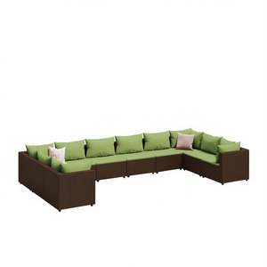 Ensemble de salon de jardin brun avec coussins verts, mobilier de jardin extérieur pour 10 personnes, design contemporain en rotin - Product Image 1