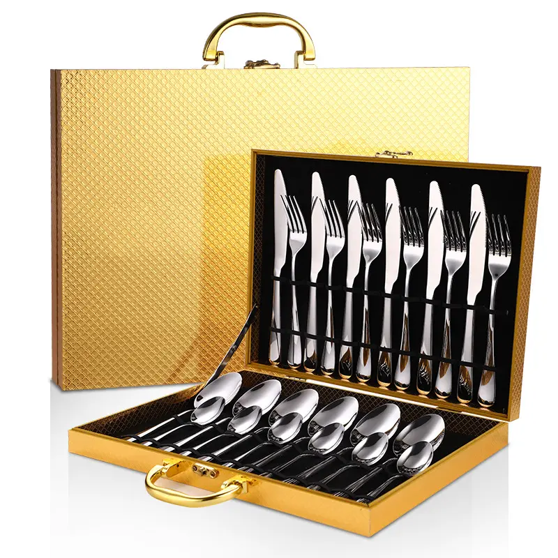 Good Quality Modern Elegant Rose Gold Dinner Cutlery Full Set For Wedding Flatware 24 pcs Set Wooden Gift Box