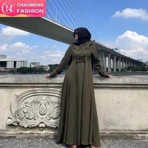 6430# Pleated Round Neck Front Lace up Tunic Large Hem Long Sleeves Elegant Dress Muslim Women Fashion <b>Maxi</b> Dresses Abayas - Product Image 1