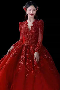 Nuovo Abito da Sposa <span class=keywords><strong>Rosso</strong></span> in Pizzo 2025 con Grande Strascico, Stile Vintage Francese Invernale, Abito da Donna in Tulle Taglie Forti - Product Image 6