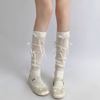 Chaussettes antidérapantes à nœud papillon tendance, en coton et élasthanne personnalisées avec ruban en dentelle, chaussettes de style ballet en coton premium, longueur genou, pour femmes