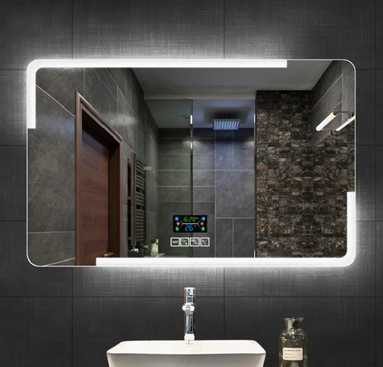 Espejo de baño LED inteligente con pantalla táctil montada en la pared con marco de metal personalizado