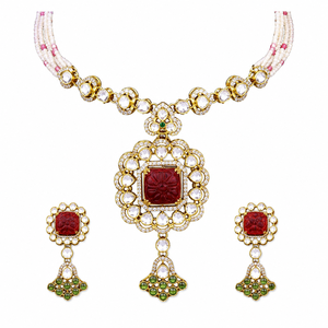 Elegant 925 <b>Silver</b> Necklace and Earrings Set with Red and Green Stones White Beads Traditional Indian Bridal Jewelry - Product Image 3