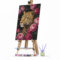 Kit de peinture par numéros DIY - Tigre coréen, fleurs roses, toile, peinture acrylique écologique pour adultes et enfants, décoration intérieure (sans cadre)
