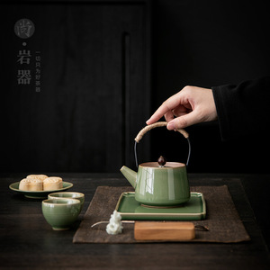 Plateau à thé en céramique rectangulaire, petit, en bambou, glaçure verte, fait à la main pour service à thé Kung Fu - Product Image 2