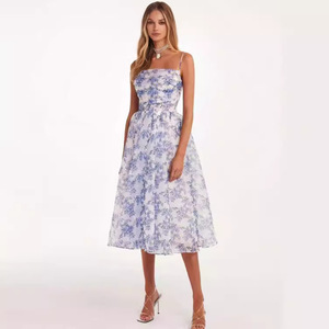 Robe de soirée mi-longue en mousseline à imprimé floral, épaules dénudées, taille empire, avec superposition transparente, style printemps-été - Product Image 4