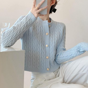 Milk Blue Cable Knit Round Neck Cardigan One Size Solid Color Soft Cozy Women's Sweater Autumn Fresh Sweet Style - Product Image 4