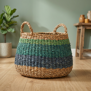 Eco-Friendly Vintage Handwoven Seagrass Storage <b>Basket</b> Multicolor Circle Design Durable Handles for Home Organization Decor - Product Image 1