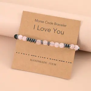 I Love You Inspirational Morse Card Stretch Black Rope 8mm Pink Crystal Gem Stone Rose Quartz Bracelet For Family