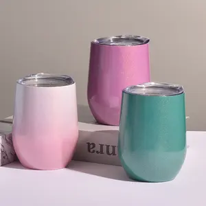 KARRY gemi özel Logo 12oz şarap Tumblers kapaklı çift duvarlı paslanmaz çelik yumurta kahve kupa şarap Tumblers