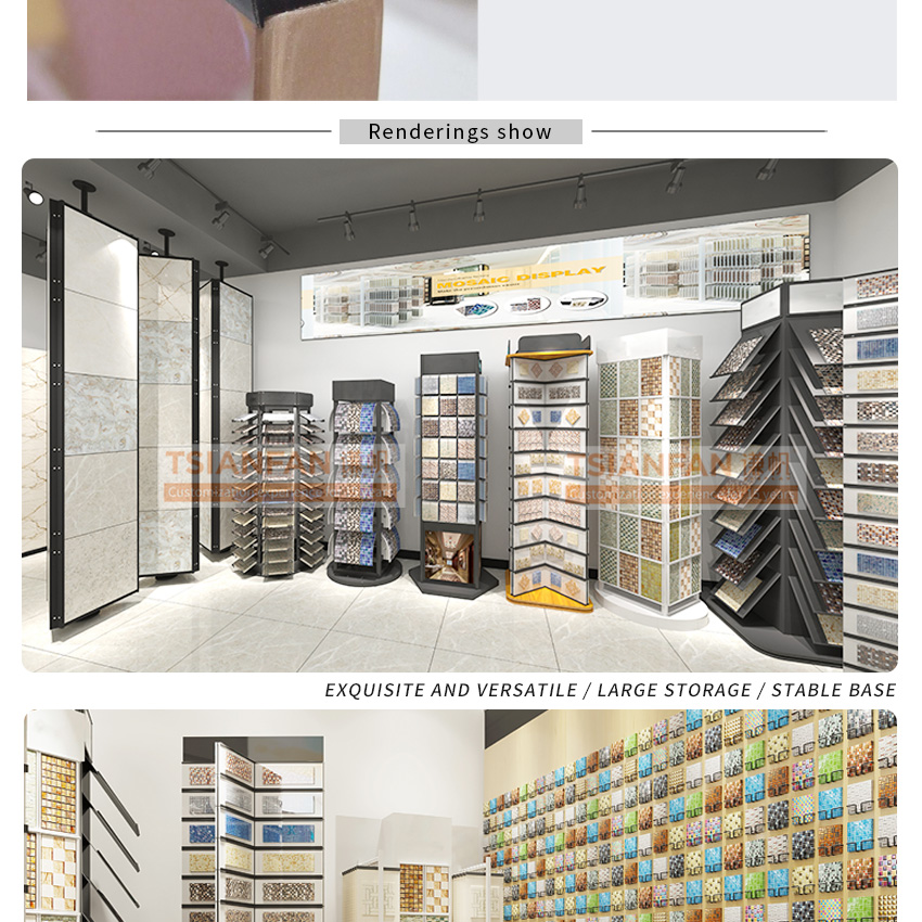 Card Slot Flooring Standing Racks Multifaceted Granites Stones Tiles Mosaic Display Stand Rotatable Type Marble Metal Tsianfan