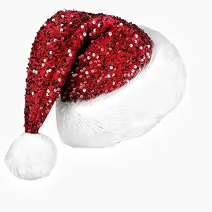 Christmas Santa Hat Novelty Reversible Sequins Red Silver Flashy Headpiece Fancy Dress With Pompom