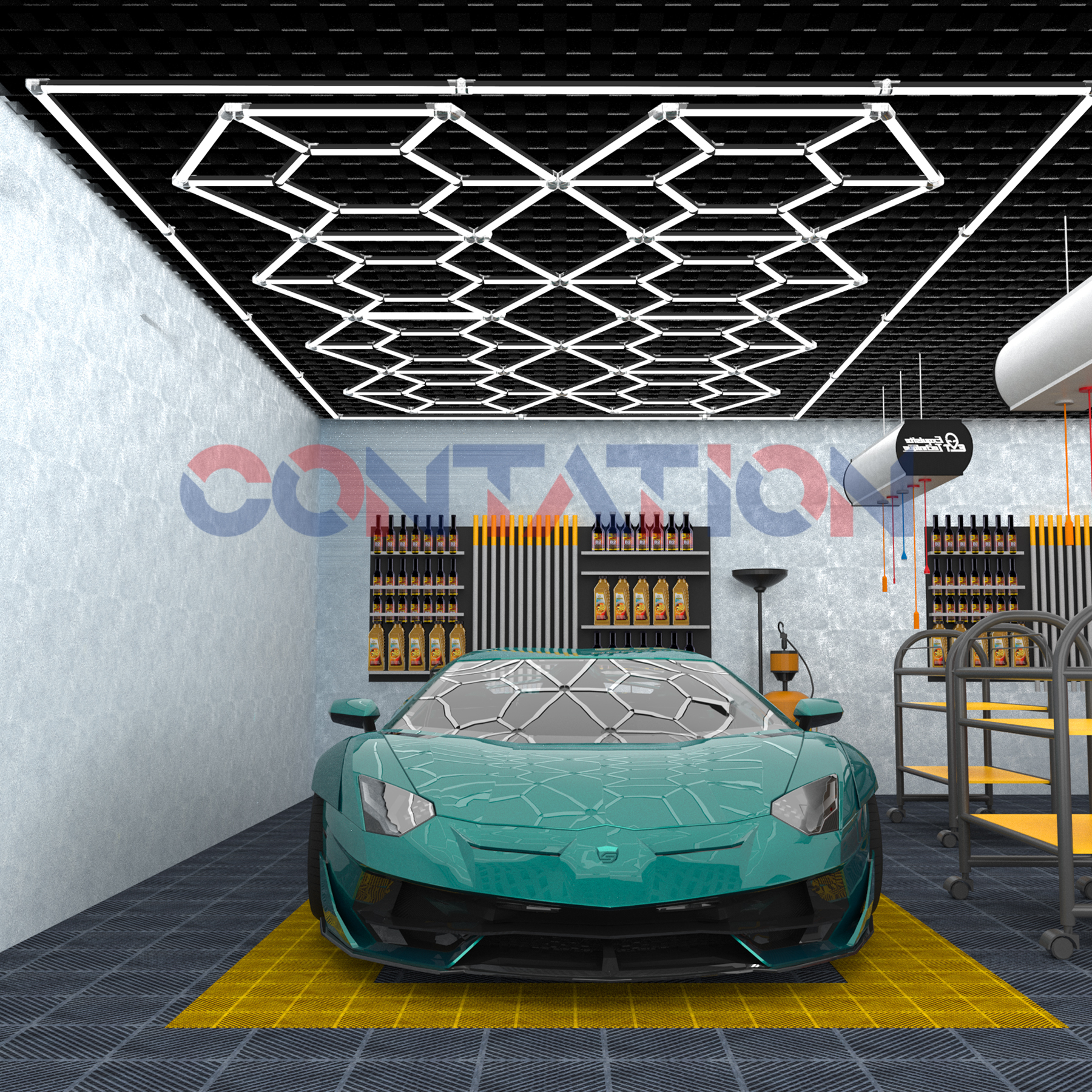 Auto Detailing 110V-240V LED Light Garage Ceiling Lamp with Honeycomb Hexagon Design for Exhibition Lighting
