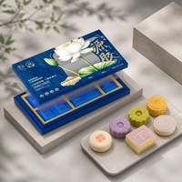 Boîte cadeau personnalisée bleue de style chinois avec peinture de lotus et feuille d'or, base rigide et couvercle, pour emballage de noix, idéale pour les produits de collagène ou comme cadeau.