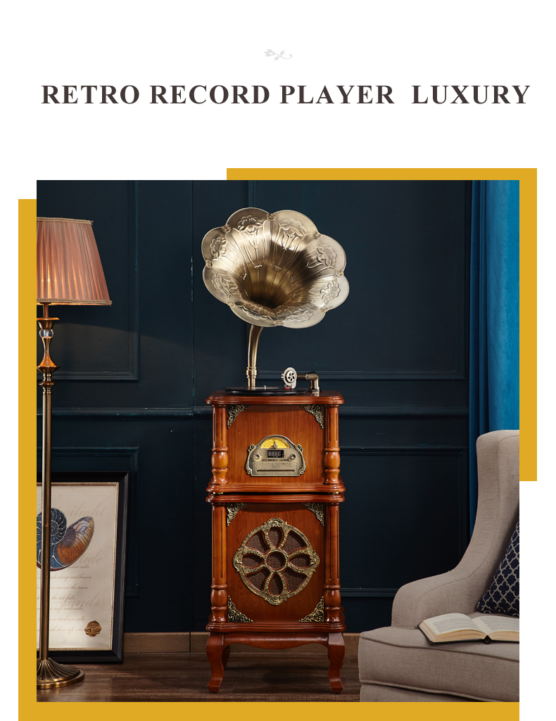 Wooden vinyl turntable Vintage speaker Home audio record player gramophone