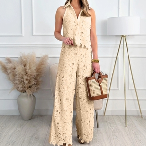 Summer French Heavy Embroidery Hollow V-neck Vest Top Wide-leg Straight <b>Pants</b> Women's 2-piece Set Fashion - Product Image 1