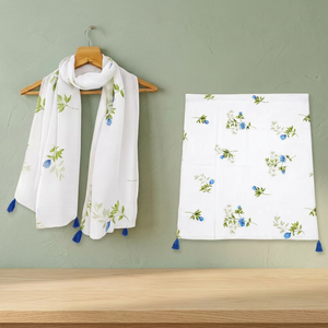 Elegant Tasselled Floral Print <b>Scarf</b> | Lightweight Poly Linen Botanical Summer <b>Shawl</b> - Product Image 1
