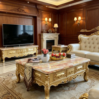 Table basse et table d'appoint de luxe européennes en bois massif sculpté à la main avec plateau en marbre naturel pour salon de villa - Vente en gros
