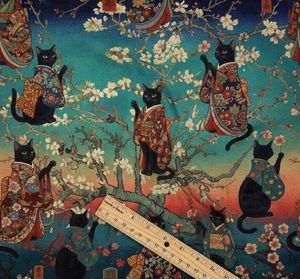 Tissu d'ameublement imprimé sur le thème des chats noirs premium en tenue japonaise traditionnelle, vendu au mètre, textile artistique pour meubles sur le thème des chats - Product Image 4