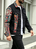 Veste en jean noire pour homme, style ethnique, patchwork, streetwear, bohème, veste de camionneur, manteau, vêtement d'extérieur