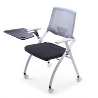 Chaise de formation moderne avec support lombaire fixe, dossier en maille, accoudoirs réglables et coulissants, siège rabattable, tablette d'écriture horizontale empilable