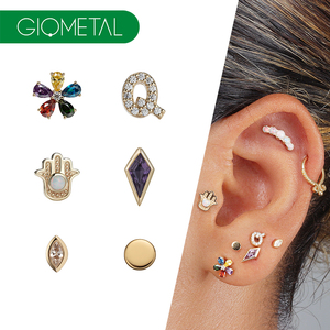 Giometal 14K <span class=keywords><strong>oro</strong></span> massiccio fiori colorati all'ingrosso Q top Tragus <span class=keywords><strong>Helix</strong></span> Palm Conch Daith corpo gioielli <span class=keywords><strong>orecchini</strong></span> Piercing posteriore orecchino - Product Image 1