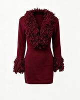 Robe Mini Tricotée Y2K Vintage Bordeaux Unie pour Femme, Col V, Col Moelleux, Manches Cloche, Extensible, Moulante, avec Franges Shaggy – Vente en Gros Personnalisée