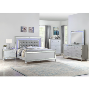 Ensemble de meubles de chambre à coucher 5 pièces moderne pour lit king size, comprenant une table de chevet rembourrée en bois, une commode, un miroir et une armoire pour le salon - Product Image 1