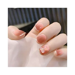 Wearable Nail Bowknot Checked Print Square French Nail Tip Glitter Gradient Pink Bear Short Squoval Fake Nails