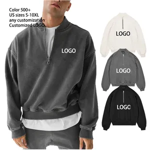 Sudaderas con cremallera de un cuarto para hombre, sudaderas de peso pesado lavadas con ácido de marca personalizada, ropa de calle de gran tamaño, sudadera con soporte de algodón