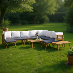 Ensemble de salon de jardin en teck pour 10 personnes, mobilier d'extérieur, style mid-century moderne, structure en bois résistant aux intempéries - Product Image 2