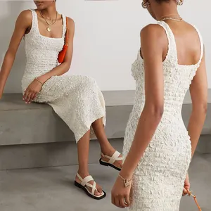 Clothes manufacturer designer trendy popcorn midi dress wholesale custom summer women sundresses elegant spring dress