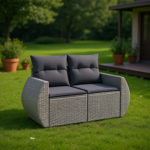 โซฟาหวายสีเทาโมเดิร์นสำหรับสวน 2 ที่นั่ง เฟอร์นิเจอร์กลางแจ้งพร้อมเบาะกันน้ำ ดีไซน์ร่วมสมัย - Product Image 2