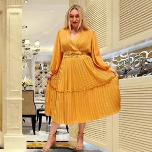 2024 women new arrival long sleeves pleated dress plus size stretchy loose style casual dresses see through highwaist maxi dress