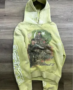 Kustom kualitas tinggi matahari pudar tidak ada tali saku Pullover berat asam cuci Distressed pria Hoodie