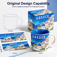 Ensemble de tasses en céramique 10 oz avec motifs de lieux touristiques de Santorin, Grèce, et boîte colorée, en New Bone China, pour café, personnalisable OEM ODM, vente en gros