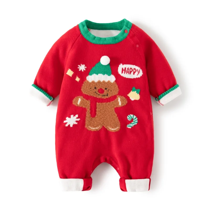 OEM ODM Barboteuse en tricot rouge pour nouveau-né bébé Combinaison chaude et épaisse en coton pur pour l'automne, l'hiver et les vêtements de Noël